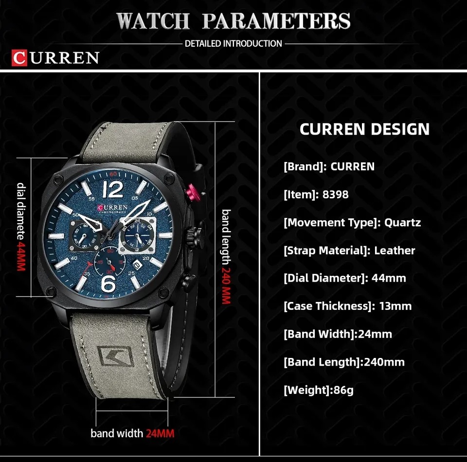 ساعت مچی عقربه ای مردانه کارن مدل 8398 خاکستری-آبی (کورن واتچ CURREN WATCH)