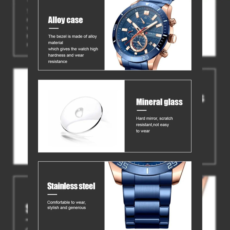 ساعت مچی عقربه ای مردانه کارن 8417 آبی-رزگلد (کورن 8417 CURREN)