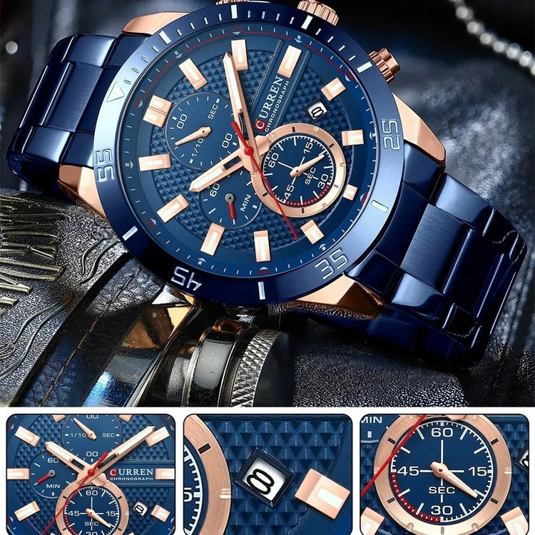 ساعت مچی سه موتوره مردانه کارن 8417 آبی-رزگلد (کورن 8417 CURREN)