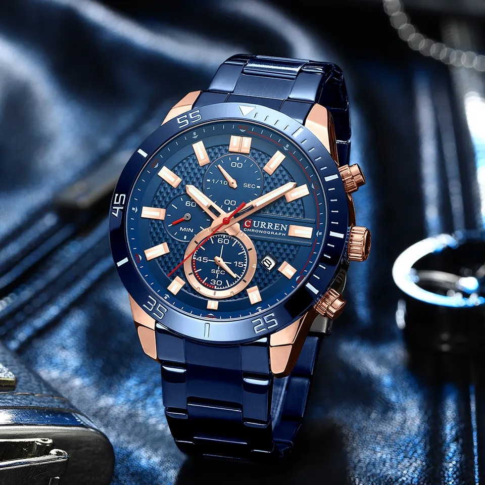 فروش ساعت مچی مردانه کارن 8417 آبی-رزگلد (کورن 8417 CURREN)
