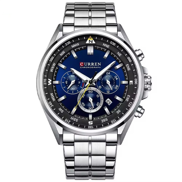 ساعت مچی مردانه کارن 8399 نقره ای-آبی CURREN سه موتور فعال
