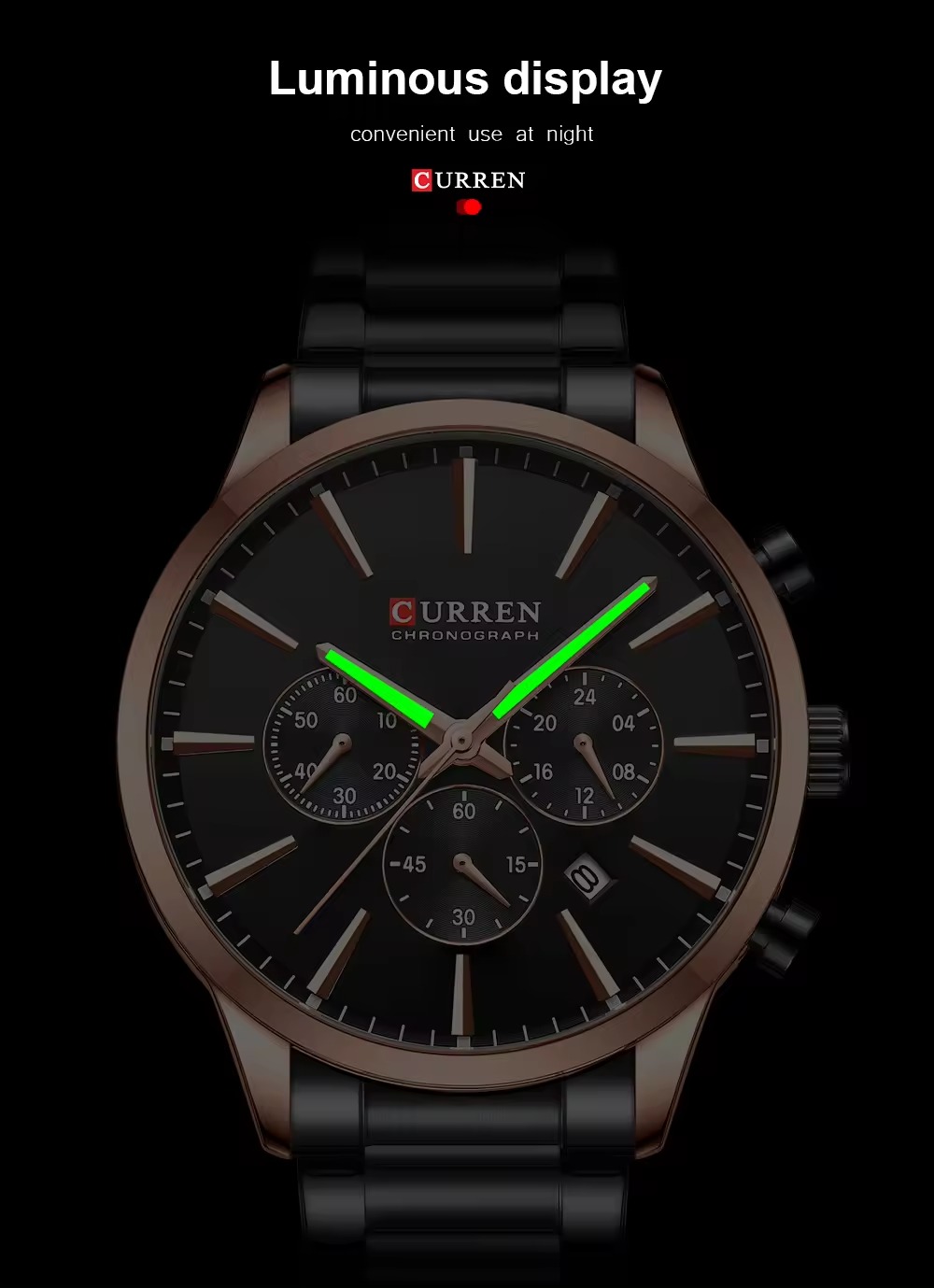 ساعت مچی مردانه کارن 8435 مشکی-رزگلد CURREN سه موتور فعال