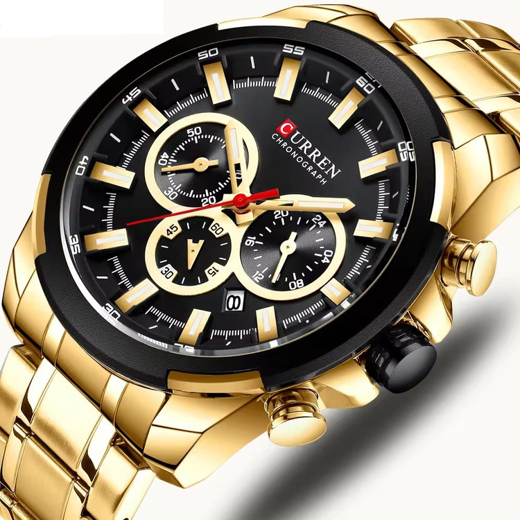 ساعت مچی مردانه کارن 8361 طلایی-مشکی CURREN سه موتور فعال