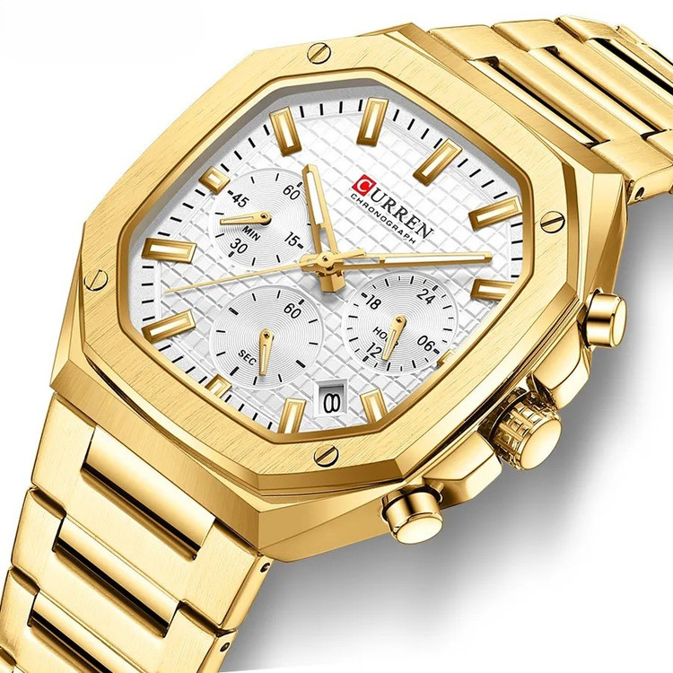 قیمت ساعت مچی مردانه کارن 8459 طلایی-سفید CURREN سه موتور فعال