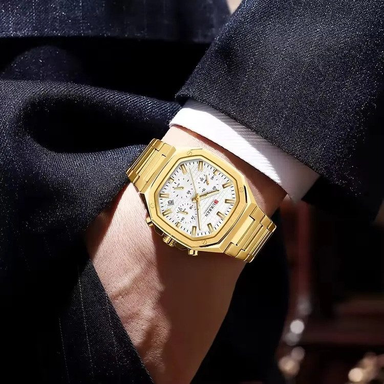 ساعت اورجینال مچی مردانه کارن 8459 طلایی-سفید CURREN سه موتور فعال