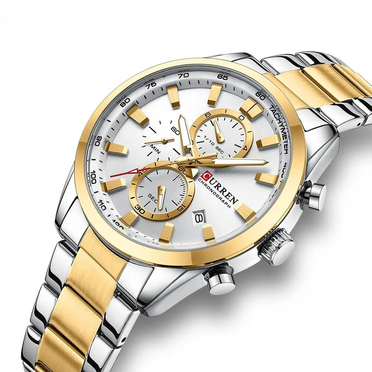 ساعت مچی مردانه کارن 8445 نقره ای-طلایی-سفید CURREN سه موتور فعال