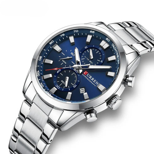 ساعت مچی مردانه کارن 8445 نقره ای-سرمه ای CURREN سه موتور فعال