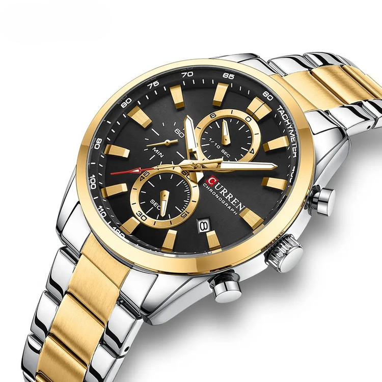 ساعت مچی مردانه کارن 8445 نقره ای-طلایی-مشکی CURREN سه موتور فعال