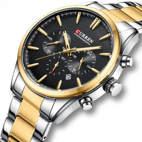 ساعت مچی مردانه کارن 8446 نقره ای-طلایی-مشکی CURREN سه موتور فعال