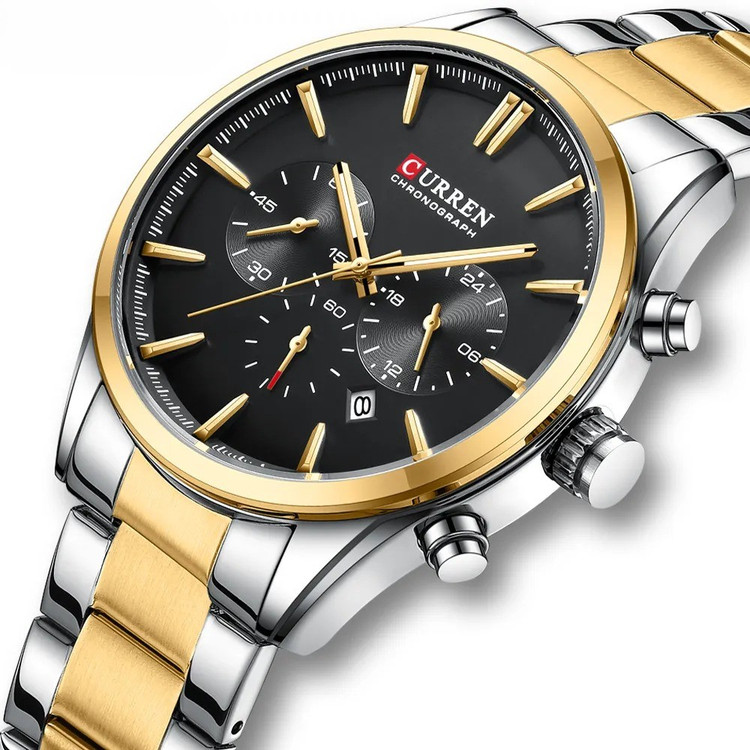 ساعت مچی مردانه کارن 8446 نقره ای-طلایی-مشکی CURREN سه موتور فعال