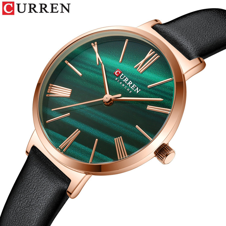 ساعت استیل زنانه بند چرمی یونانی کارن 9076A CURREN مشکی-سبز
