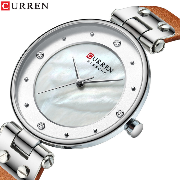 ساعت مچی زنانه بند چرمی اسپرت کارن 9059A CURREN عسلی-نقره ای