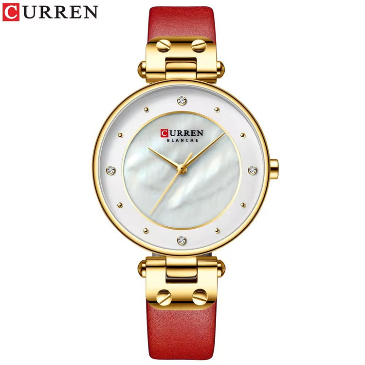 ساعت مچی زنانه بند چرمی اسپرت کارن 9056A CURREN قرمز-طلایی
