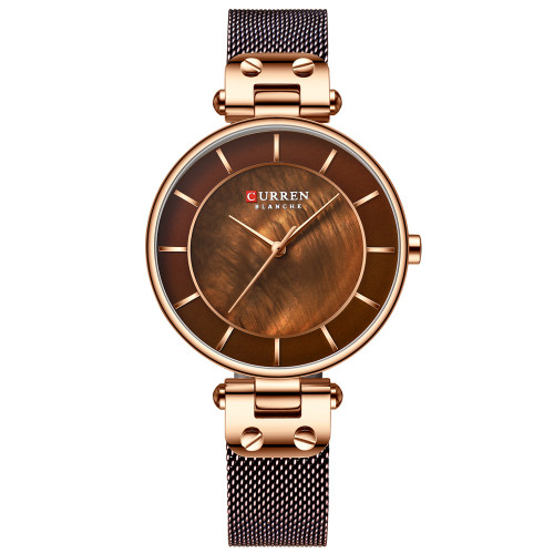 ساعت مچی زنانه بند حصیری استیل کارن 9056B CURREN مشکی-قهوه ای