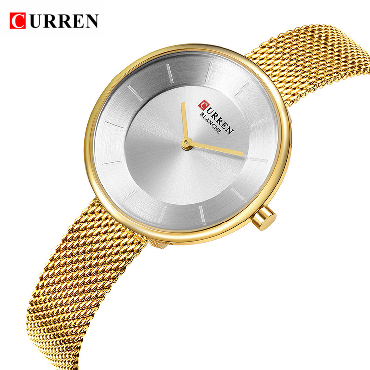 ساعت زنانه کلاسیک بند حصیری استیل کارن 9030 CURREN طلایی-سفید