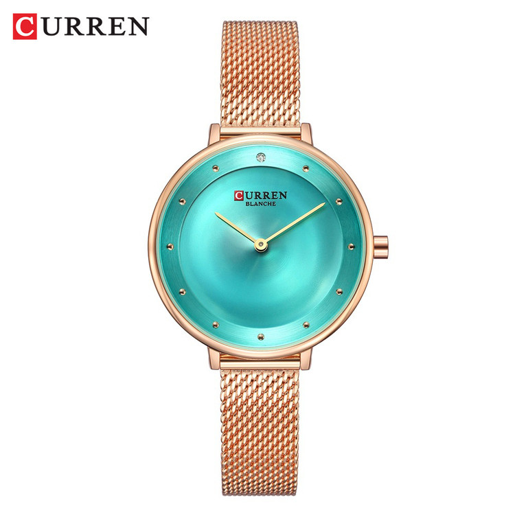 ساعت زنانه ارزان بند حصیری استیل کارن 9029 CURREN رزگلد-فیروزه ای