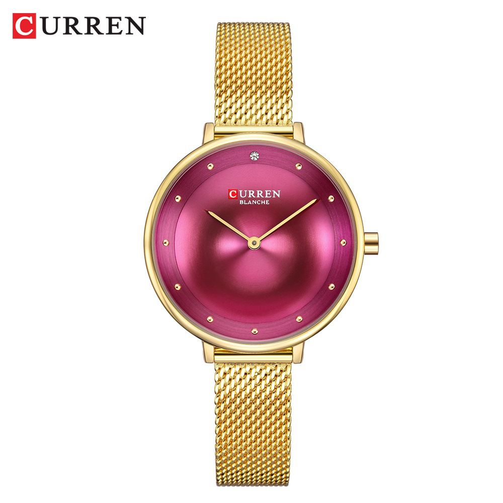 ساعت زنانه ارزان بند حصیری استیل کارن 9029 CURREN طلایی-عنابی