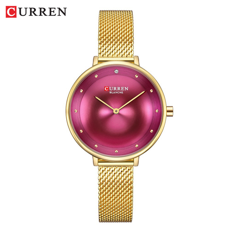 ساعت زنانه ارزان بند حصیری استیل کارن 9029 CURREN طلایی-عنابی