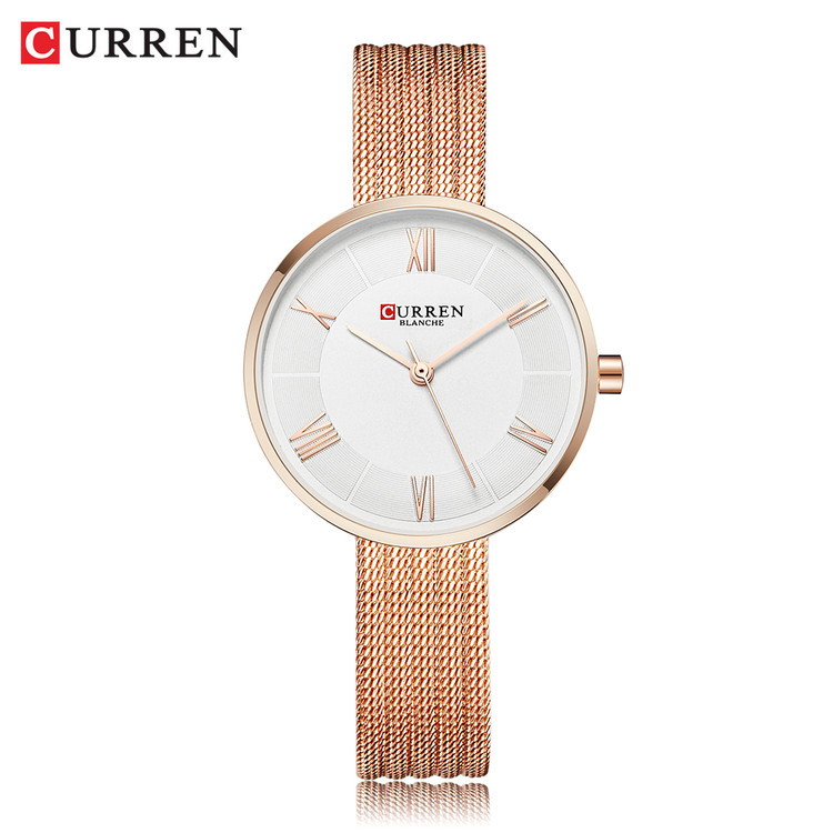 ساعت زنانه ضد آب یونانی بند حصیری استیل کارن 9020 CURREN رزگلد-سفید