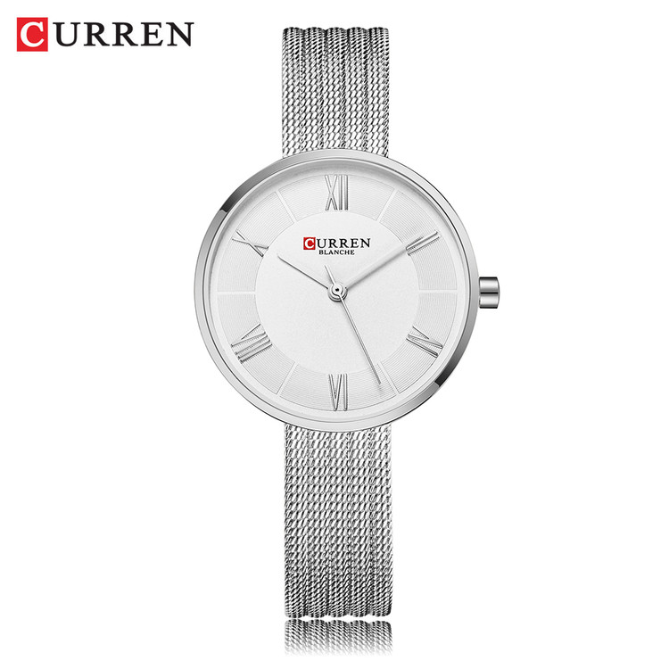 ساعت زنانه ضد آب یونانی بند حصیری استیل کارن 9020 CURREN نقره ای-سفید