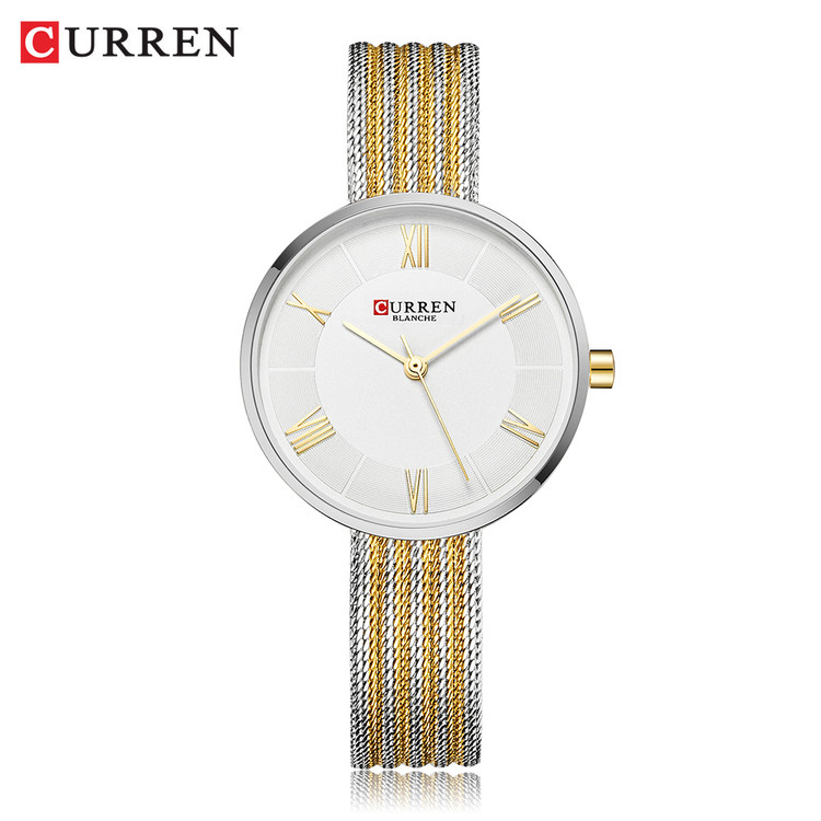 ساعت زنانه ضد آب یونانی بند حصیری استیل کارن 9020 CURREN نقره ای-طلایی-سفید