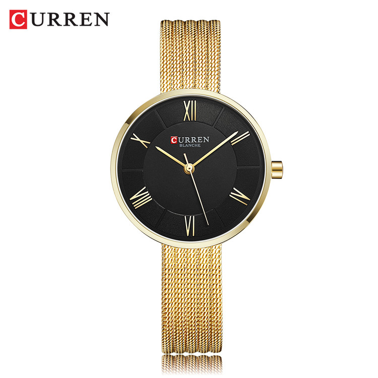 ساعت زنانه ضد آب یونانی بند حصیری استیل کارن 9020 CURREN طلایی-مشکی