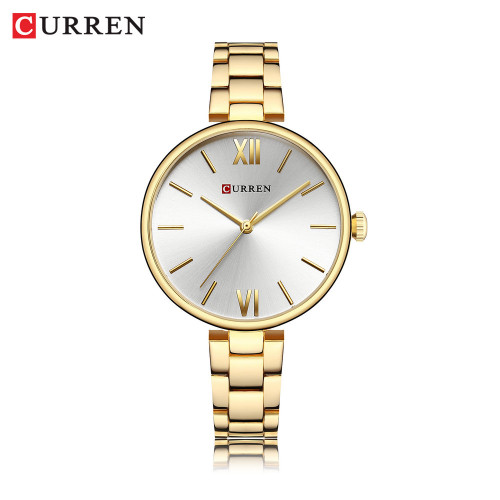 ساعت مچی زنانه کلاسیک اصل مجلسی استیل برند کارن 9017 (کورن CURREN) طلایی-سفید