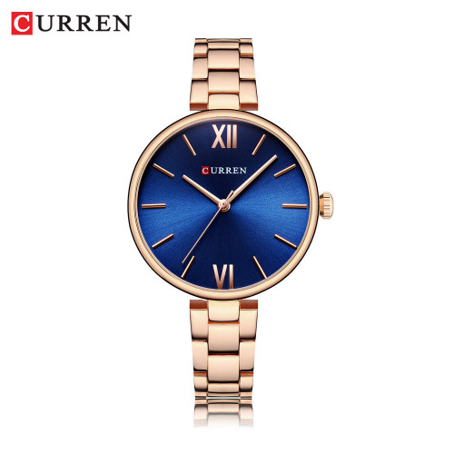 ساعت مچی زنانه کلاسیک اصل مجلسی استیل برند کارن 9017 (کورن CURREN) رزگلد-آبی