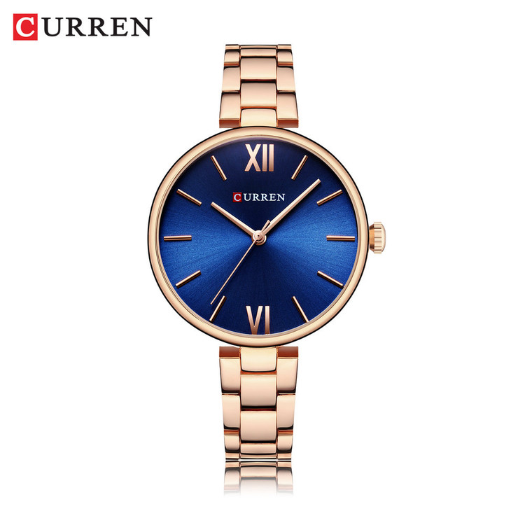 ساعت مچی زنانه کلاسیک اصل مجلسی استیل برند کارن 9017 (کورن CURREN) رزگلد-آبی