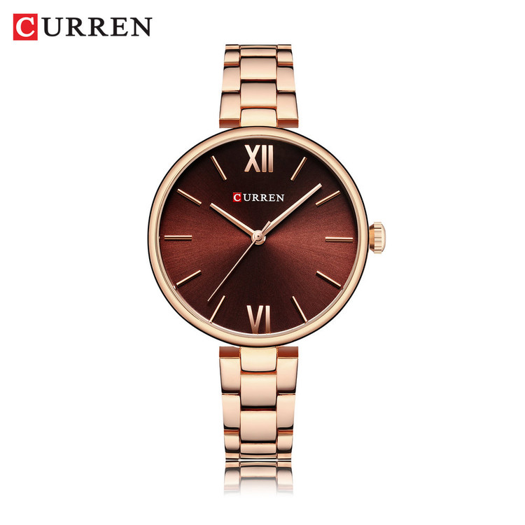 ساعت مچی زنانه کلاسیک اصل مجلسی استیل برند کارن 9017 (کورن CURREN) رزگلد-قهوه ای