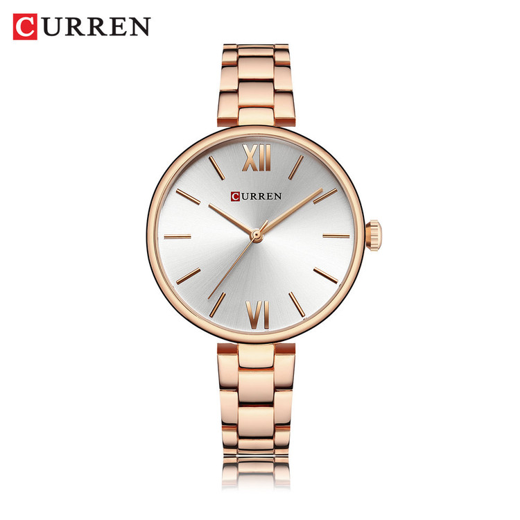 ساعت مچی زنانه کلاسیک اصل مجلسی استیل برند کارن 9017 (کورن CURREN) رزگلد-سفید