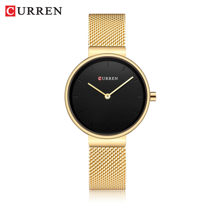 ساعت زنانه ارزان اورجینال ضد آب بند حصیری استیل کارن 9016 (کورن CURREN) طلایی-مشکی