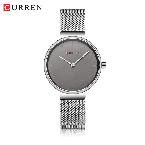 ساعت زنانه ارزان اورجینال ضد آب بند حصیری استیل کارن 9016 (کورن CURREN) نقره ای-خاکستری