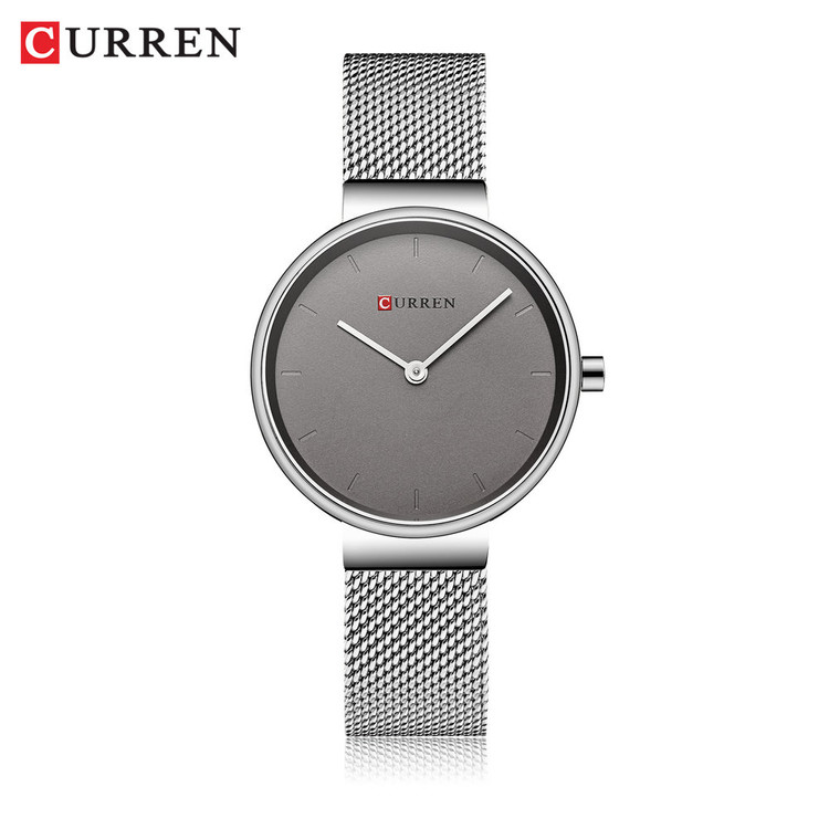 ساعت زنانه ارزان اورجینال ضد آب بند حصیری استیل کارن 9016 (کورن CURREN) نقره ای-خاکستری