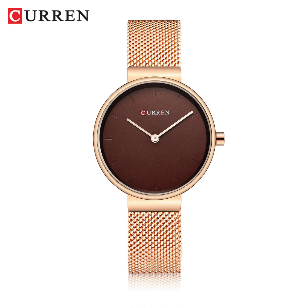 ساعت زنانه ارزان اورجینال ضد آب بند حصیری استیل کارن 9016 (کورن CURREN) رزگلد-قهوه ای