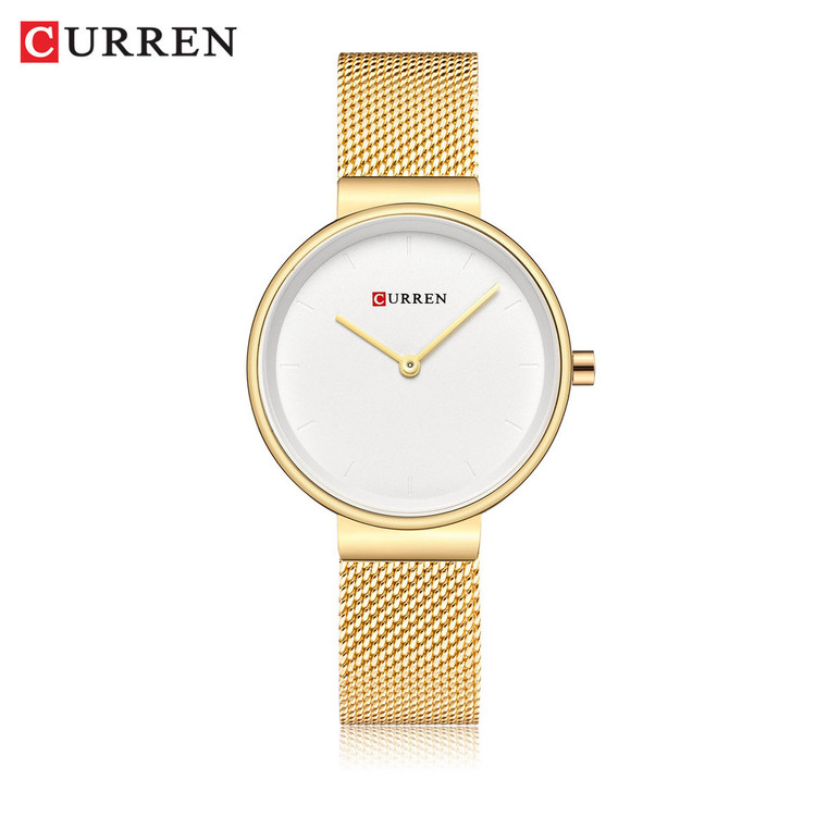 ساعت زنانه ارزان اورجینال ضد آب بند حصیری استیل کارن 9016 (کورن CURREN) طلایی-سفید