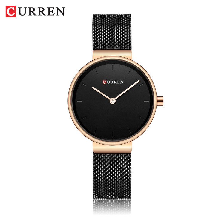 ساعت زنانه ارزان اورجینال ضد آب بند حصیری استیل کارن 9016 (کورن CURREN) مشکی