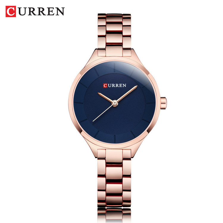 ساعت زنانه شیک مجلسی بند استیل کارن 9015 (کورن CURREN) رزگلد-سرمه ای