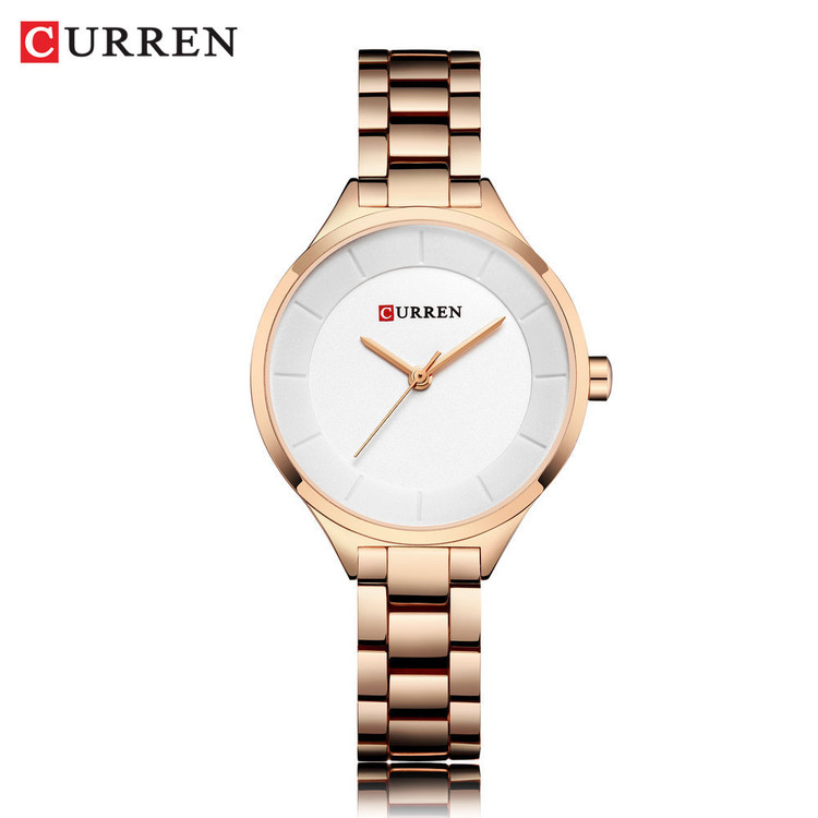 ساعت زنانه شیک مجلسی بند استیل کارن 9015 (کورن CURREN) رزگلد-سفید