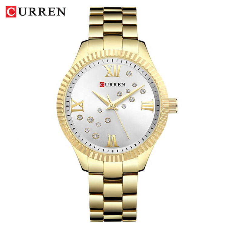 ساعت زنانه نگین دار بند استیل مجلسی برند کارن 9009 (کورن CURREN) طلایی-سفید