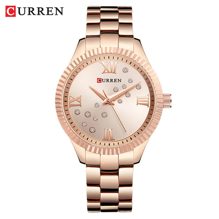 ساعت زنانه نگین دار بند استیل مجلسی برند کارن 9009 (کورن CURREN) رزگلد