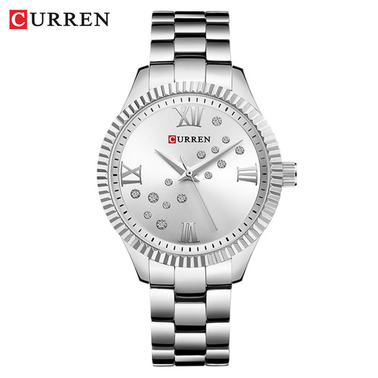 ساعت زنانه نگین دار بند استیل مجلسی برند کارن 9009 (کورن CURREN) نقره ای-سفید