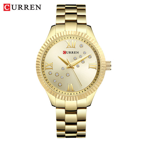 ساعت زنانه نگین دار بند استیل مجلسی برند کارن 9009 (کورن CURREN) طلایی