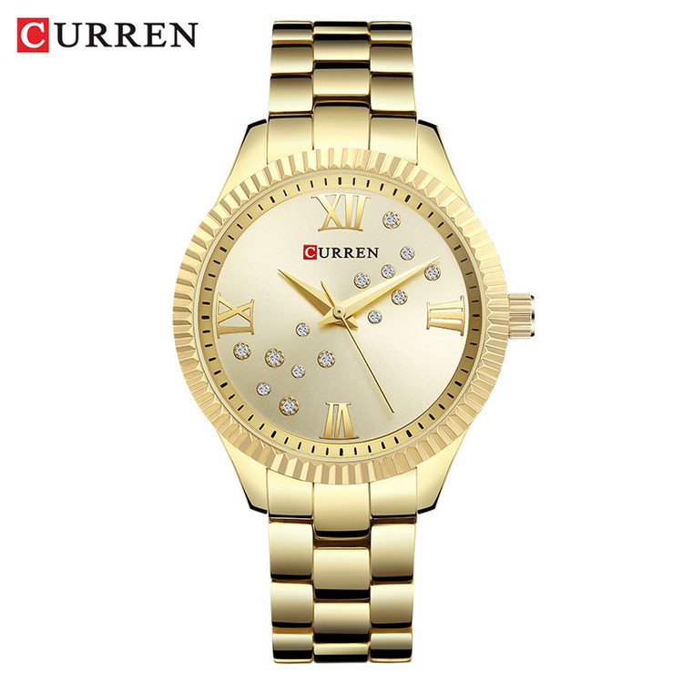 ساعت زنانه نگین دار بند استیل مجلسی برند کارن 9009 (کورن CURREN) طلایی