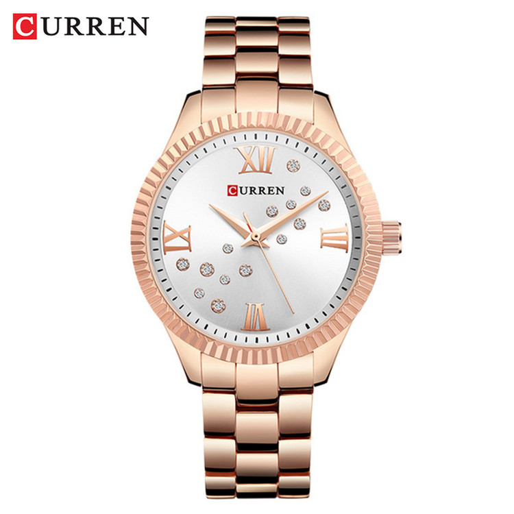 ساعت زنانه نگین دار بند استیل مجلسی برند کارن 9009 (کورن CURREN) رزگلد-سفید