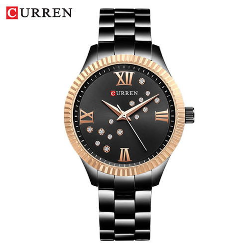 ساعت زنانه نگین دار بند استیل مجلسی برند کارن 9009 (کورن CURREN) مشکی