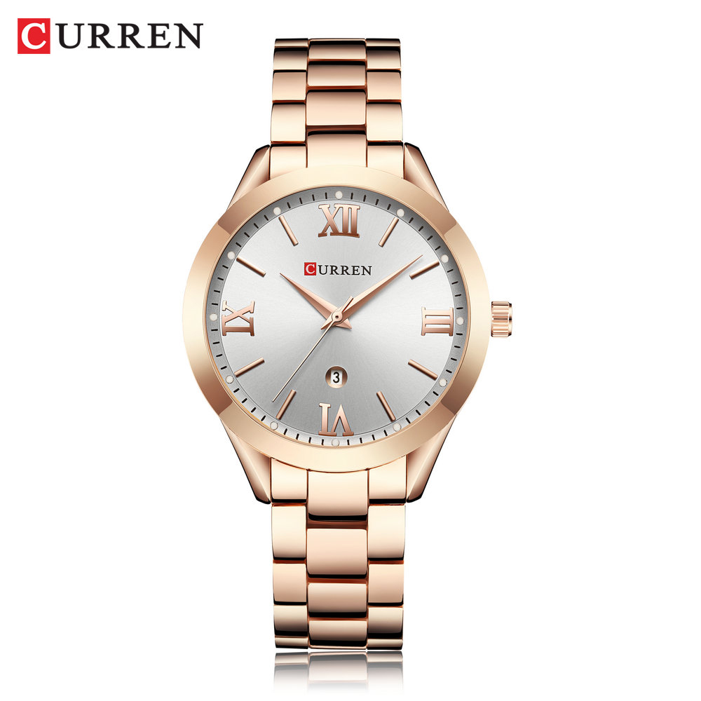 ساعت زنانه تقویم دار استیل مجلسی کارن 9007 (کورن CURREN) رزگلد-سفید