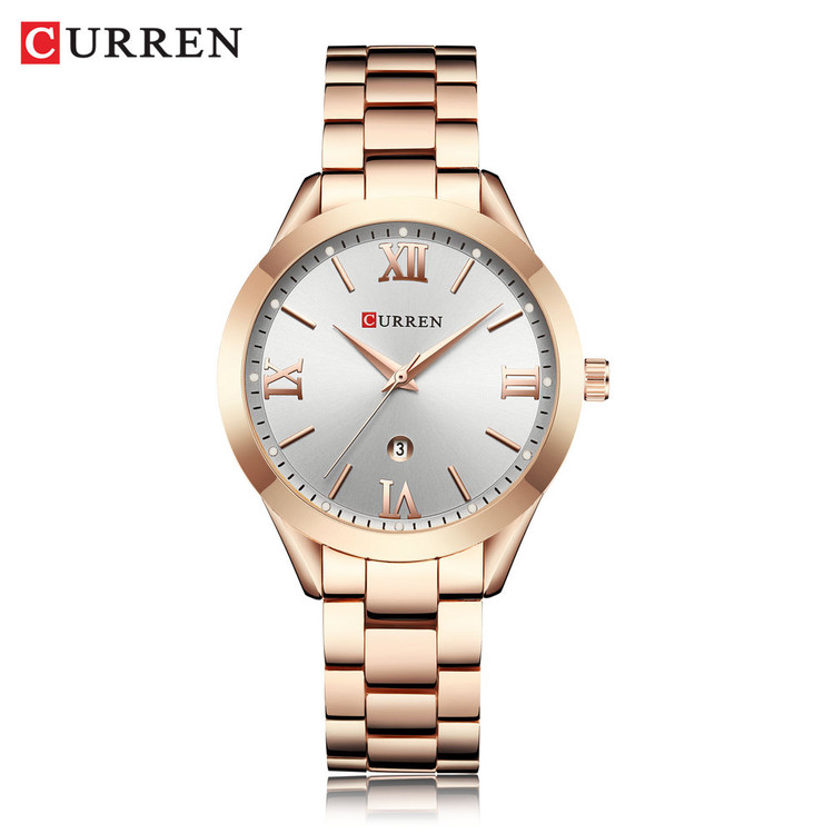 ساعت زنانه تقویم دار استیل مجلسی کارن 9007 (کورن CURREN) رزگلد-سفید