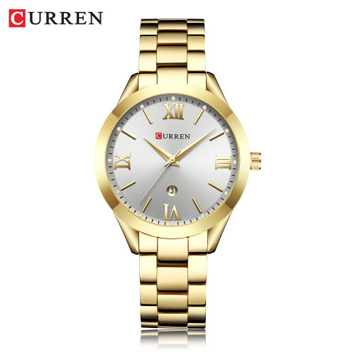 ساعت زنانه تقویم دار استیل مجلسی کارن 9007 (کورن CURREN) طلایی-سفید