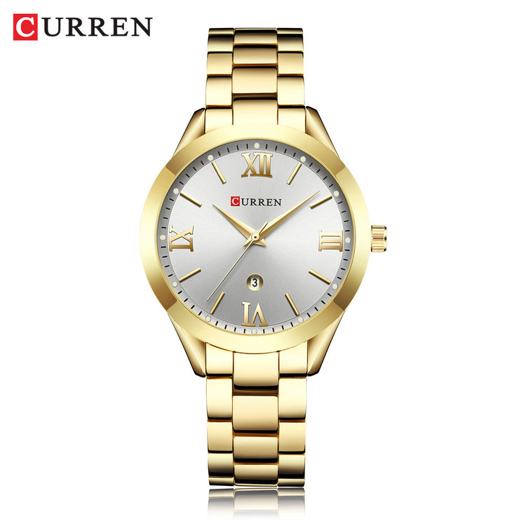 ساعت زنانه تقویم دار استیل مجلسی کارن 9007 (کورن CURREN) طلایی-سفید